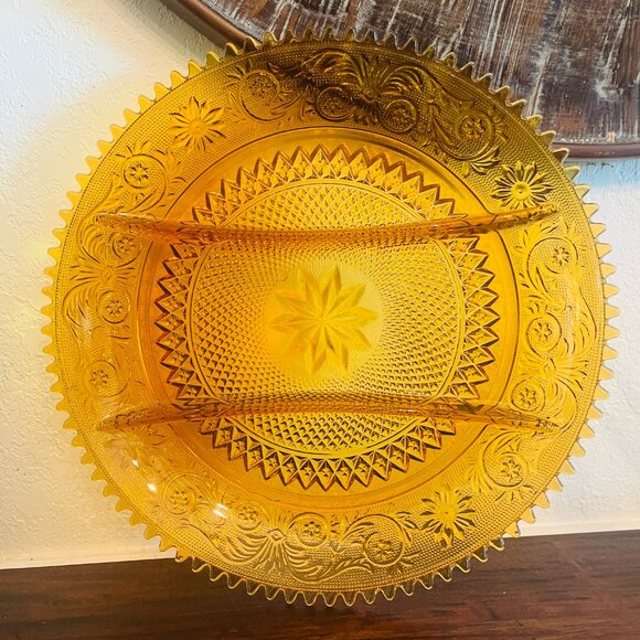 Indiana Amber Tiara Round Glass Divided Serving Platter Sawtooth Edge Vintage  T - Picture 1 of 6